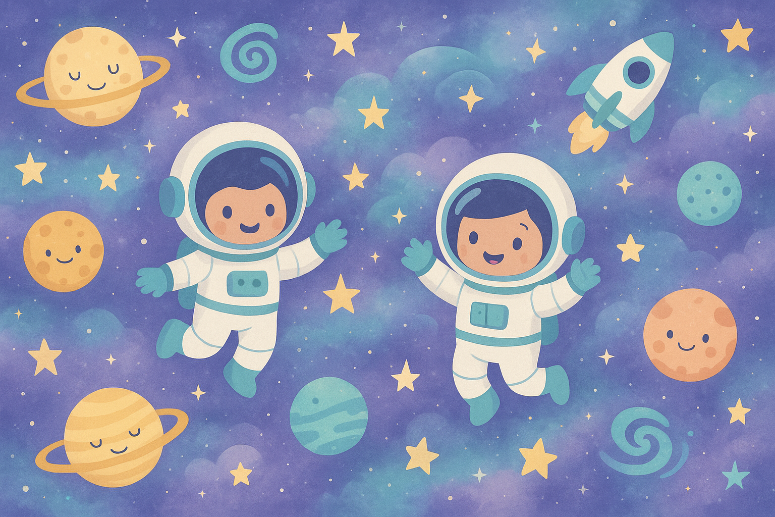 Space-themed background for children's hairdressing salon
