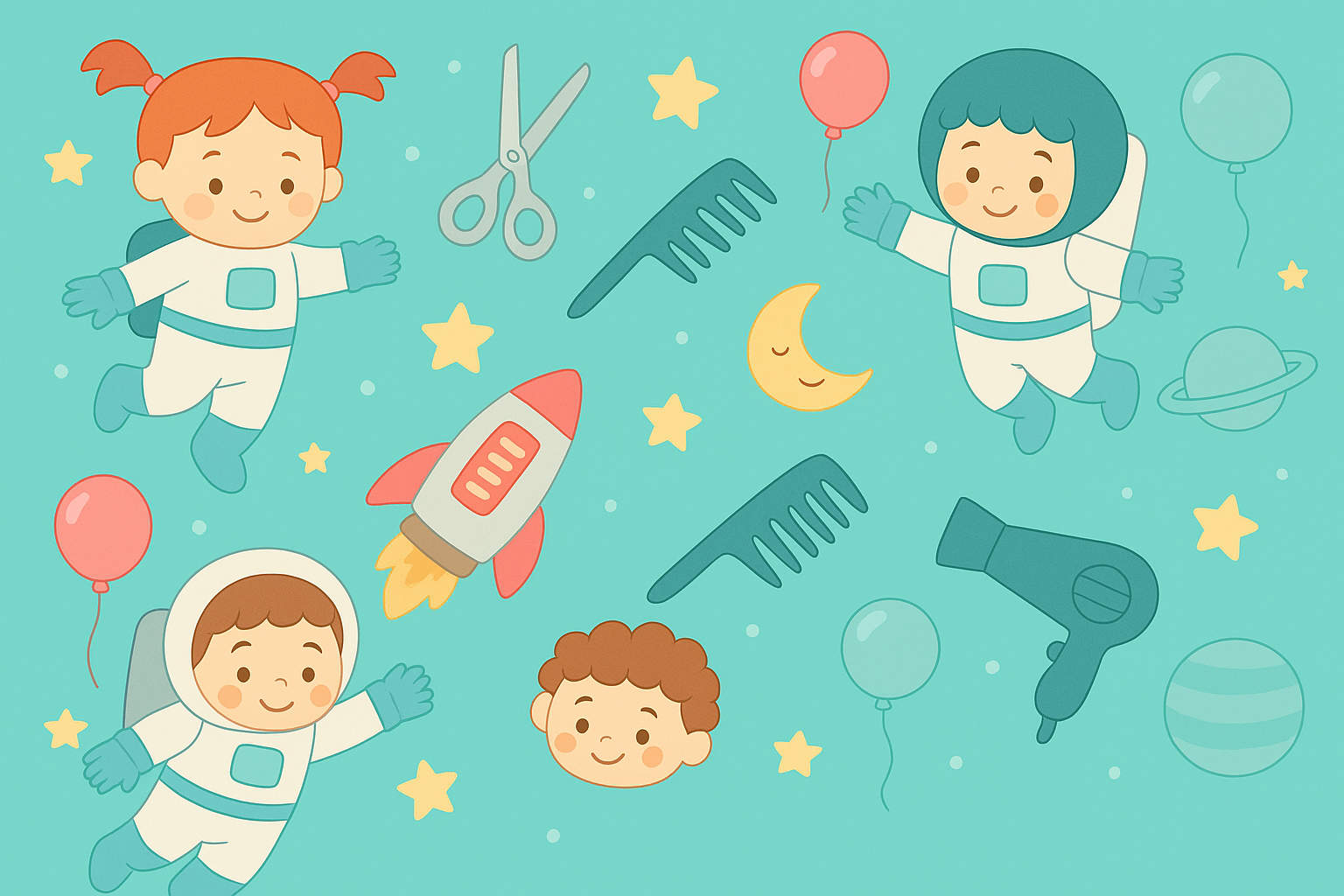 Space-themed hairdressing background with #75C7D2 background and original element colors